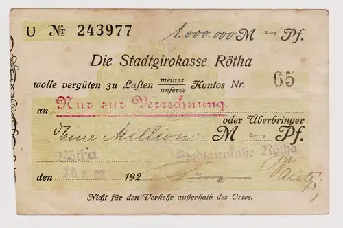 Firmenscheck 1 Million Mark Banknote Stadtgirokasse Rötha 10.8.1923 (120291)
