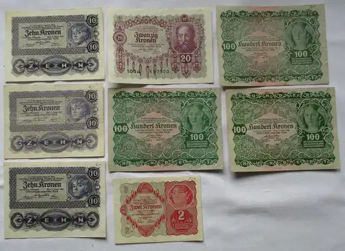 8 Banknoten 2 bis 100 Kr. Österreichisch Ungarische Bank 2.Januar 1922 (125207)