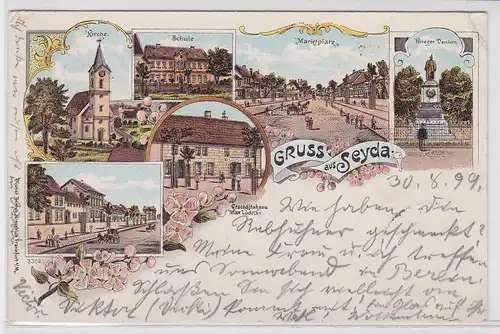 99970 Ak Gruß aus Seyda Bez.Halle Schule, Kriegerdenkmal usw. 1899