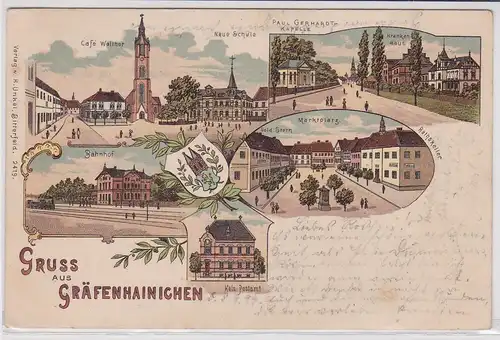 64176 Ak Lithographie Gruß aus Gräfenhainichen Bahnhof, Postamt usw. 1899