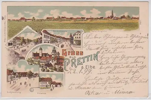 62339 Ak Lithographie Gruß aus Prettin an der Elbe Gasthof z.Kessel usw. 1899