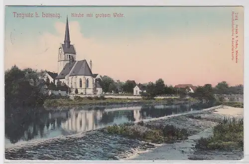 903097 AK Tragnitz bei Leisnig - Kirche mit großem Wehr 1908