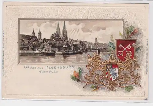 902253 Wappen Passepartout AK Gruss aus Regensburg - Eiserne Brücke 1900