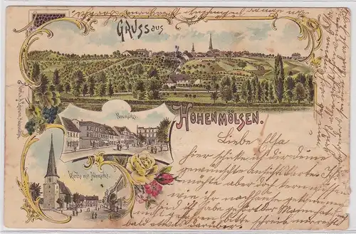 902473 Lithografie AK Gruss aus Hohenmölsen - Neumarkt, Kirche mit Altmarkt 1897