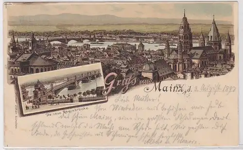 55567 Lithografie AK Gruss aus Mainz - neue Rheinbrücke, Totalansicht 1897