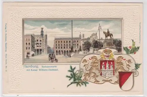 17227 Wappen AK Hamburg - Rathausmarkt mit Kaiser Wilhelm-Denkmal