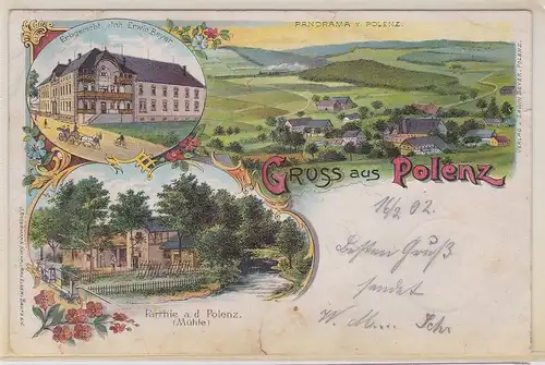 90966 Lithografie AK Gruss aus Polenz - Erbgericht Erwin Beyer, Polenzparthie