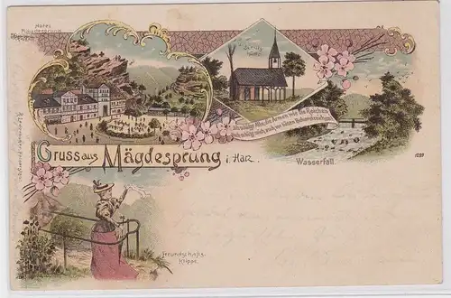 64362 AK Gruss aus Mägdesprung im Harz - Schutzhütte, Hotel, Wasserfall 1898