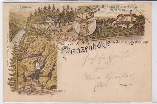 35982 AK Gruss aus der Prinzenhöhle - Forsthaus, Schönburgisches Schloss 1899