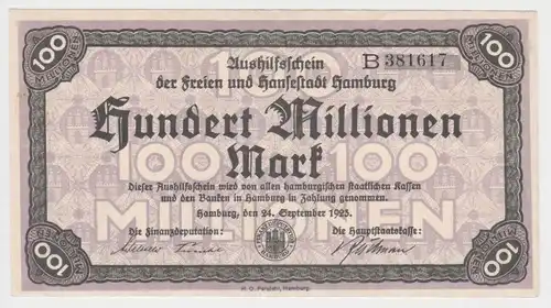 100 Millionen Mark Banknote Aushilfsschein Hamburg 24.9.1923 (153213)