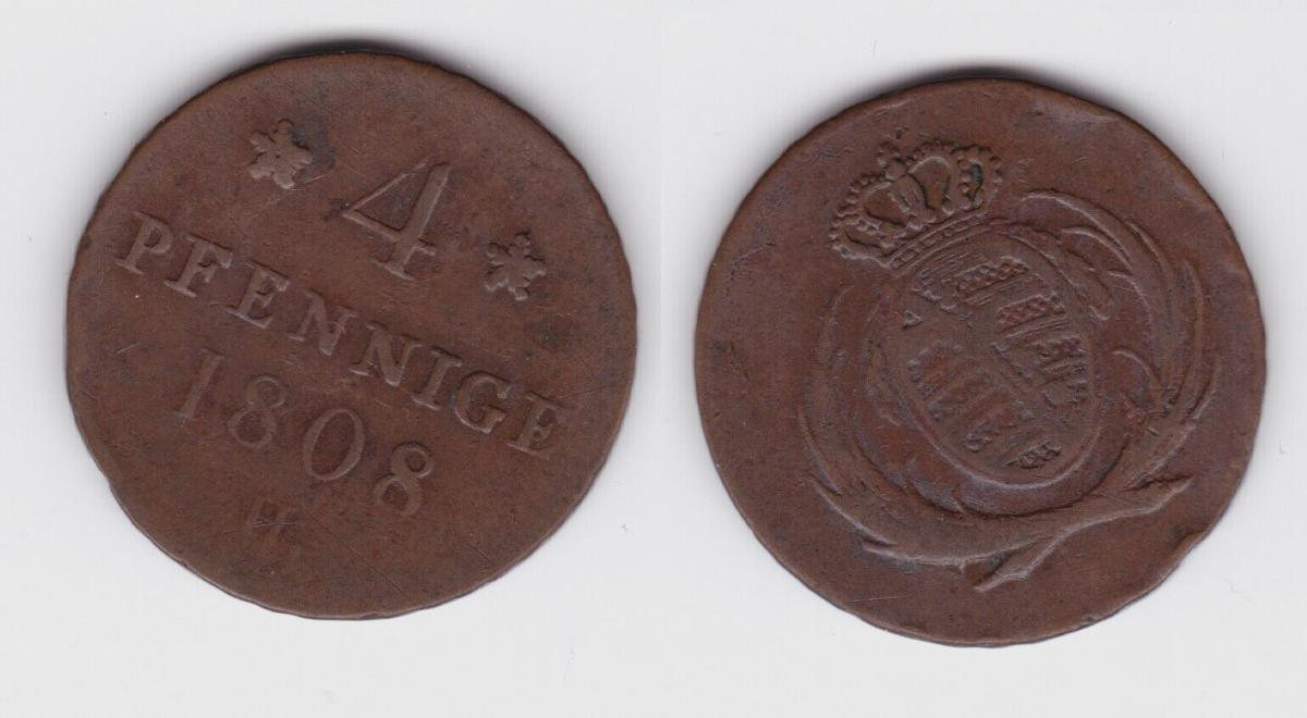 4 Pfennige Bronze Münze Sachsen 1808 H ss (151376) Nr. 234662279314