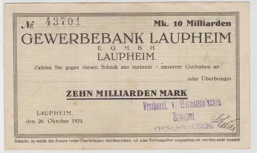 10 Milliarden Mark Banknote Inflation Gewerbebank Laupheim 26.10.1923 (149302)