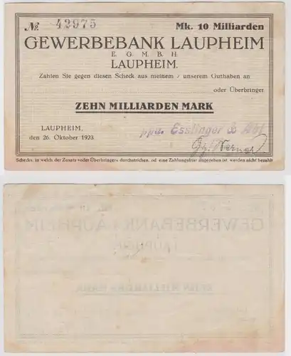 10 Milliarden Mark Banknote Inflation Gewerbebank Laupheim 26.10.1923 (142093)