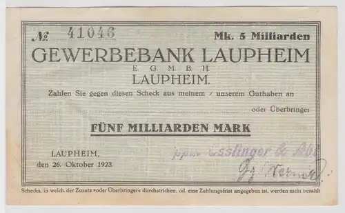5 Milliarden Mark Banknote Inflation Gewerbebank Laupheim 26.10.1923 (141415)