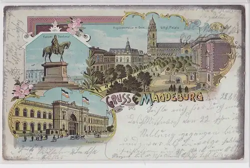 62816 AK Gruss aus Magdeburg - Hauptbahnhof, Dom, Palais, Kaiser Denkmal 1902