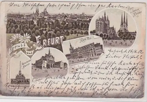 904134 Lithografie AK Gruss aus Erfurt - Rathaus, Post, Kirche und Brunnen 1902