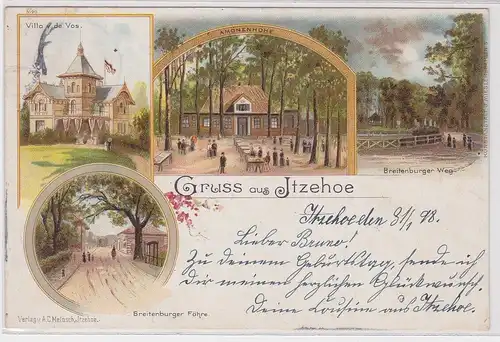11215 AK Gruss aus Itzehoe - Villa, Amonenhöhe, Breitenburger Fähre 1898
