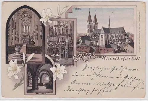 903161 Lithografie AK Gruss aus Halberstadt - Dom, Lettner, Kreuzgang 1896