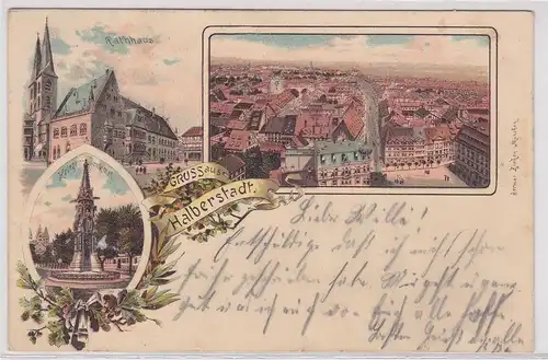 13441 Lithografie AK Gruss aus Halberstadt - Rathhaus, Kriegerdenkmal 1905