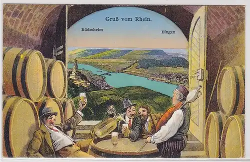 902383 Humor AK Gruß vom Rhein - Rüdesheim, Bingen, Bierausschank vor Fenster