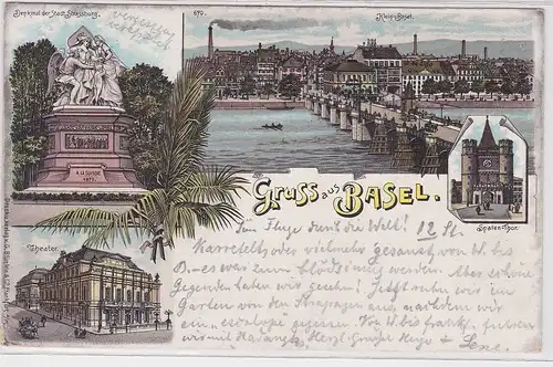 902357 AK Gruss aus Basel Klein-Basel, Theater, Denkmal d. Stadt Strassburg 1897