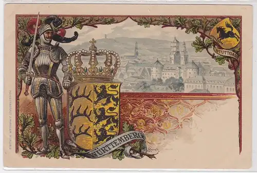 902240 Wappen Passepartout AK Württemberg Stuttgart - Totalansicht mit Ritter
