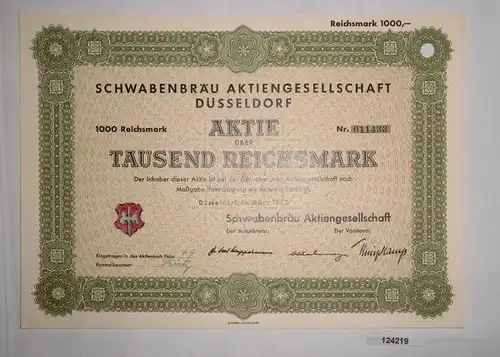 1000 Reichsmark Aktie AG Schwabenbräu Düsseldorf März 1942 (124219)
