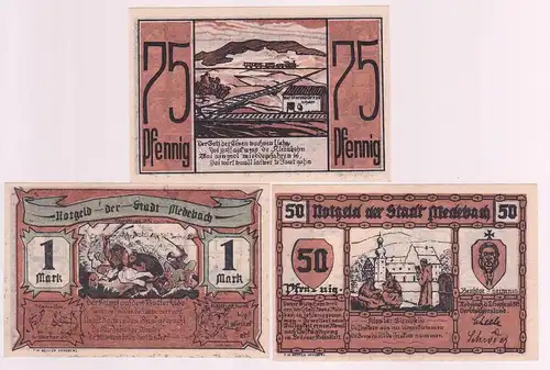 50, 75 Pfennig & 1 Mark Banknoten Notgeld Stadt Medebach 2.9.1921 (162802)