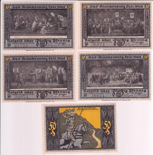 5 x 50 Pfennig Banknoten Notgeld Stadt Bad Blankenburg 1921 (163486)
