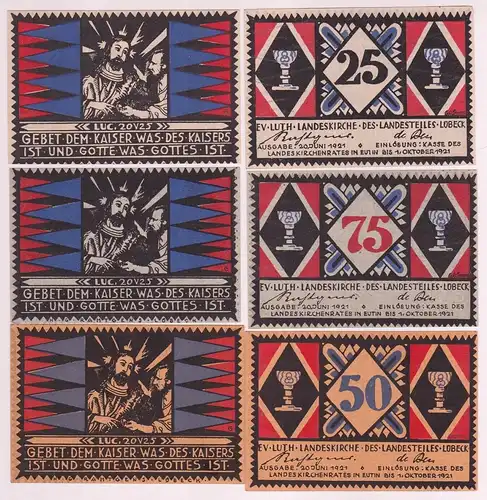 6 Banknoten Notgeld Landeskirche Lübeck Eutin 1921 (162805)