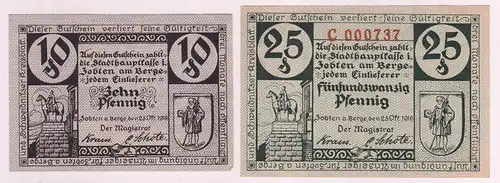 10 & 25 Pfennig Banknoten Notgeld Stadt Zopten am Berge 1919 (162858)