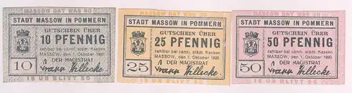 10, 25 & 50 Pfennig Banknoten Notgeld Stadt Massow in Pommern 1.10.1920 (163005)