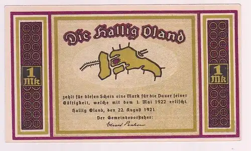 1 Mark Banknote Notgeld Hallig Oland 22.08.1921 (162963)