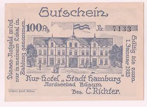 100 Pfennig Banknote Notgeld Büsum Hotel Stadt Hamburg o.D. (1921) (160675)