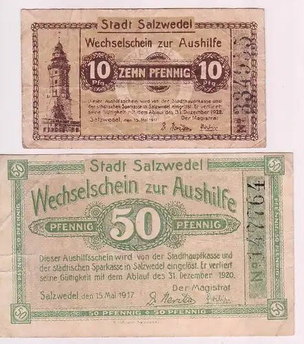 10 und 50 Pfennig Banknoten Notgeld Stadt Salzwedel 1917 (161076)