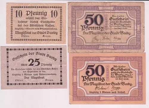 10, 25 & 2 x 50 Pfennig Banknoten Notgeld Stadt Barby 1920 (162830)