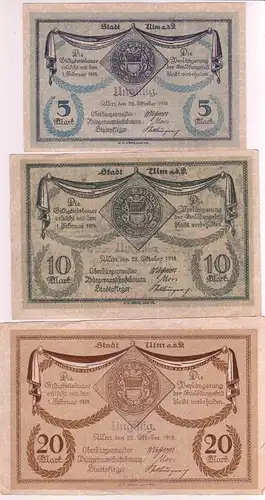 5, 10 und 20 Mark Banknoten Notgeld Stadt Ulm 1918 (163086)