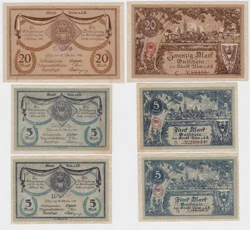 5, 5 und 20 Mark Banknoten Notgeld Stadt Ulm 1918 (140105)
