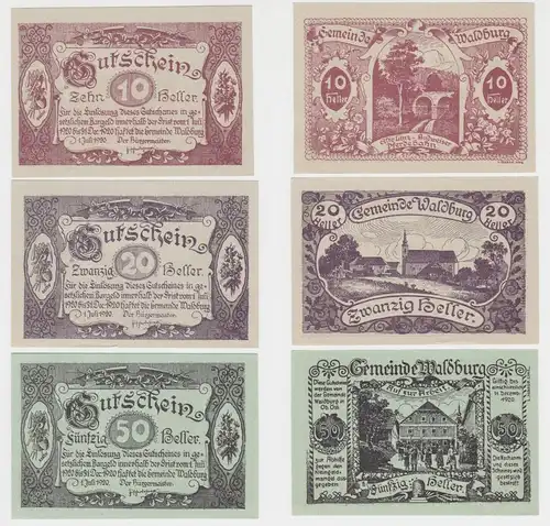 10, 20 und 50 Heller Banknote Waldburg 01.07.1920 (154671)