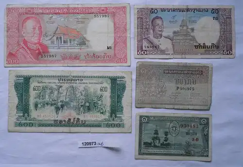5 Banknoten Laos 2 x 1, 50, 200 und 500 Kip (120973)