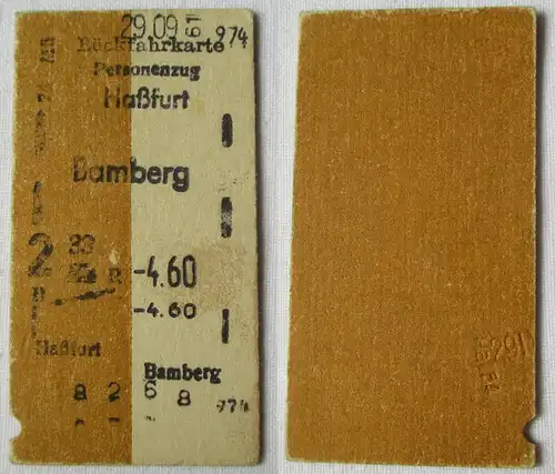 Fahrkarte Personenzug Haßfurt Bamberg 29.09.1974 (143316)