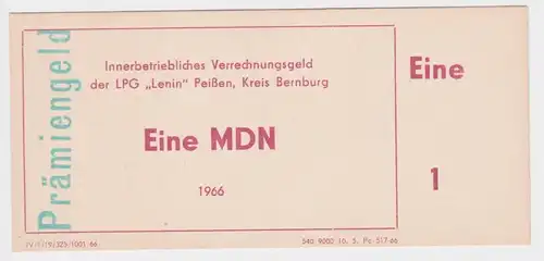 1 MDN Banknote DDR LPG Geld "Lenin" Peißen Kreis Bernburg 1966 (155540)