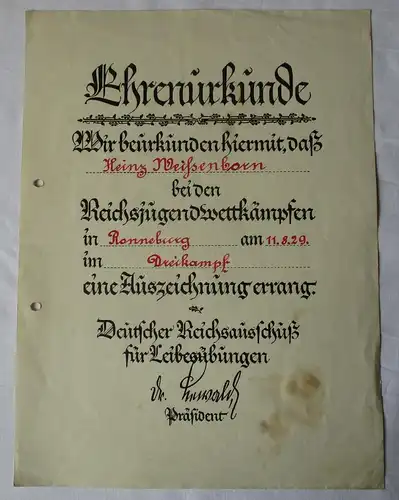 Ehrenurkunde Reichsjugendwettkämpfe 1929 Reichsausschuss Leibesübungen (116665)