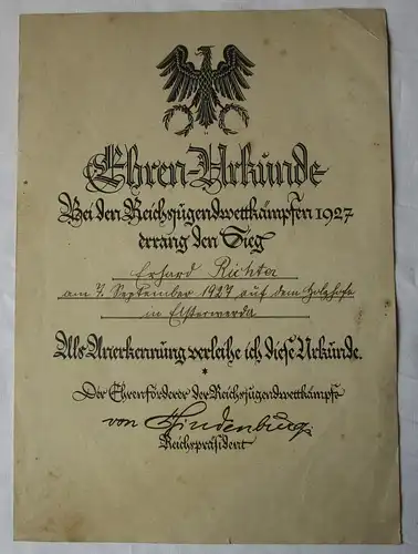 Ehren-Urkunde Reichsjugendwettkämpfe 1927 Ehrenförderer Hindenburg (112325)