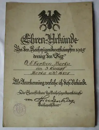 Ehren-Urkunde Reichsjugendwettkämpfe 1925 Bezirk Gerstungen (110599)