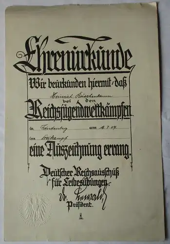 Ehrenurkunde Reichsjugendwettkämpfe 1927 Reichsausschuss Leibesübungen (112691)