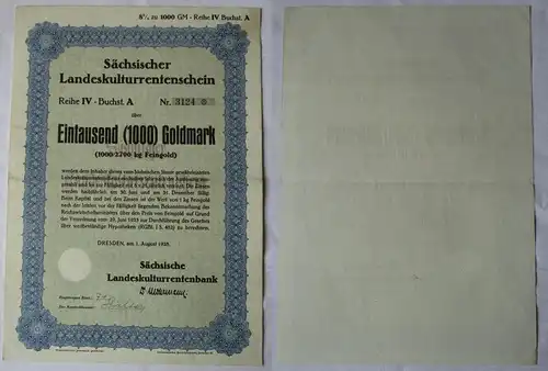 1000 Goldmark Rentenschein Landeskulturrentenbank Sachsen Dresden 1928 (157168)
