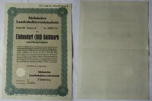 100 Goldmark Rentenschein Landeskulturrentenbank Sachsen Dresden 1928 (157129)