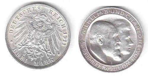 3 Mark Silbermünze Württemberg Silberhochzeit 1911 Jäger 177 a  (111985)