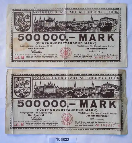 2 Banknoten Inflation 500000 Mark Stadt Altenburg 1923 (105833)